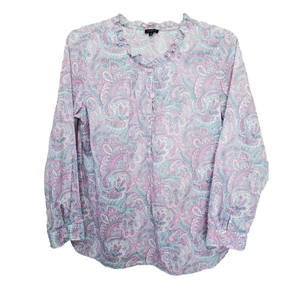 Talbots Cotton Purple Paisley Ruffle Collar Half-Placket Lightweight Blouse XL